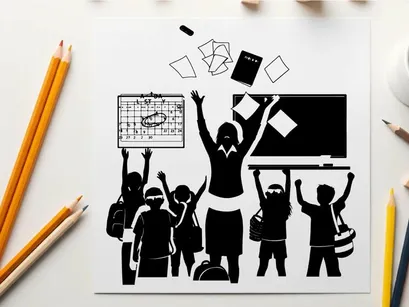 Silhouette of students and teacher celebrating in a classroom setting silhouette