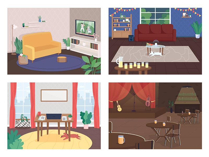 House interior flat color vector illustration set