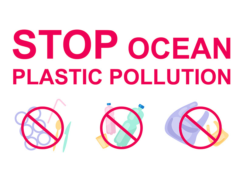 Stop plastic pollution in ocean flat concept icons set