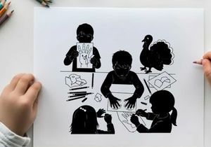 Children's art activity with silhouette of kids and a turkey
