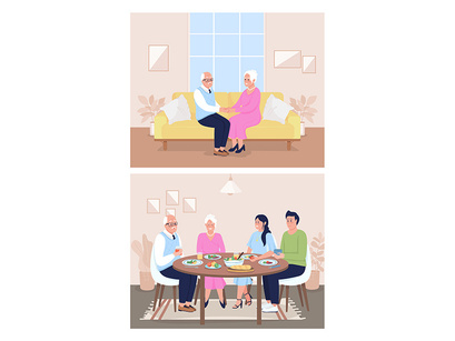 Family flat color vector illustrations bundle