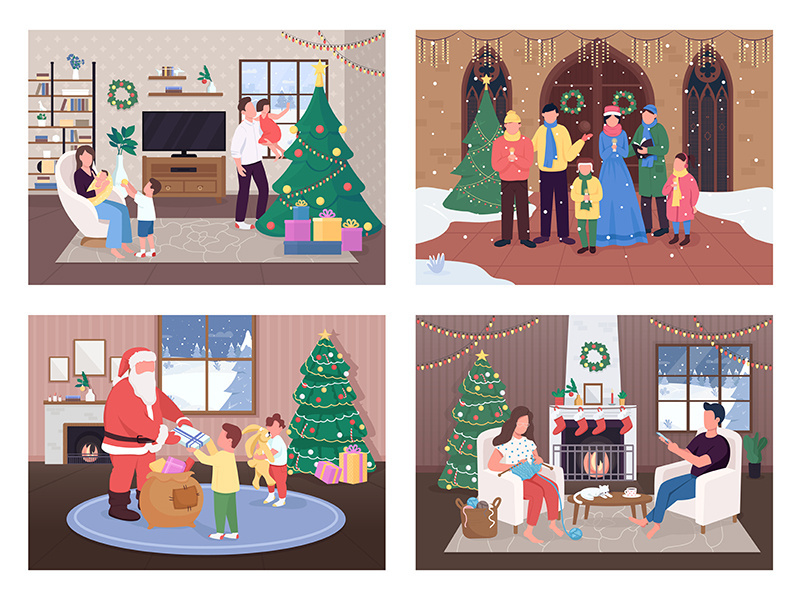 Christmas celebration flat color vector illustration set