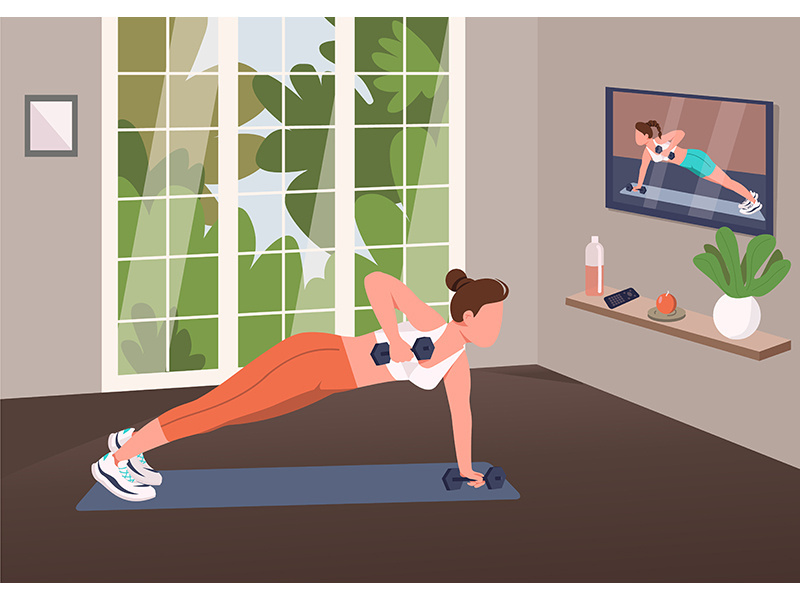 Working out at home flat color vector illustration