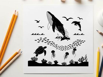 Underwater scene with silhouette of marine life