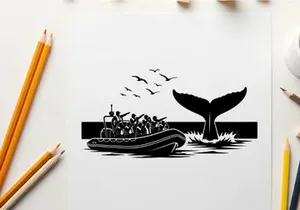 Whale tail silhouette emerging from ocean with boat and birds
