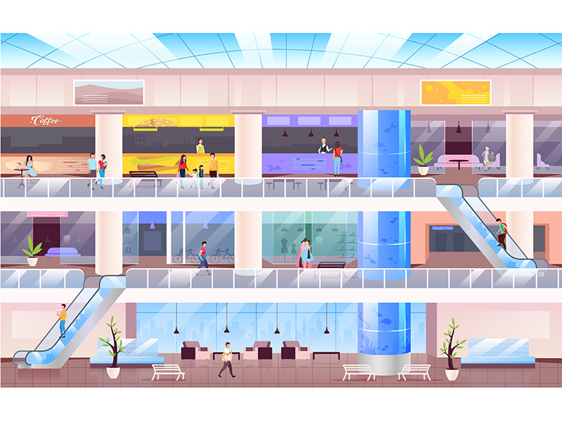 Shopping mall flat color vector illustration