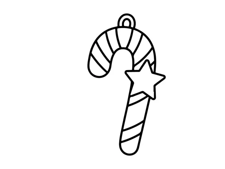 Christmas candy cane ornament with star icon, simple black line art vector illustration