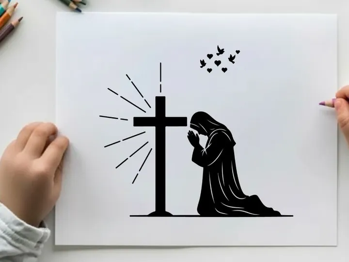 Silhouette of a person praying beside a cross silhouette