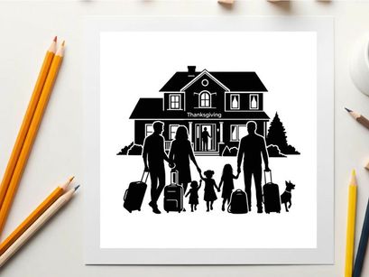 Family arriving at home for thanksgiving silhouette