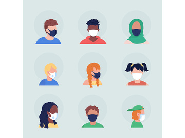 No-pleat medical masks semi flat color vector character avatar set preview picture