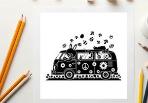 Silhouette of a decorated van with peace signs and flowers