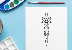 Gambar seni garis ornamen es krim Natal dengan pita dekoratif di latar belakang putih.