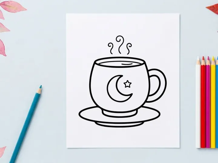 Steaming hot coffee cup with crescent moon and stars design. Whimsical nighttime beverage illustration for cozy autumn evenings.