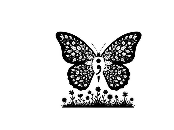 Silhouette of a butterfly with floral patterns and grass