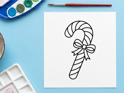 Christmas candy cane line art illustration with a decorative bow on white background