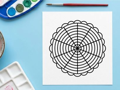 Circular spider web pattern. Geometric mandala design with radial lines and scalloped edge.