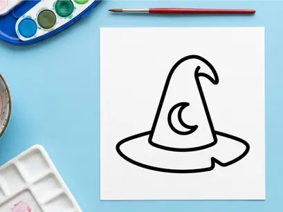 Halloween Hexenhut-Symbol isoliert auf weißem Hintergrund. Klassische schwarze Hexenkopfbedeckung für gruselige saisonale Designprojekte.