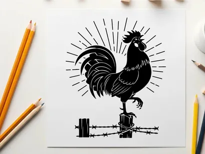 Silhouette of a rooster on a fence post silhouette