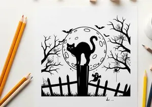 Silhouette of a cat on a fence post under full moon