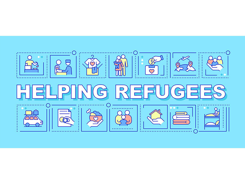 Helping refugees word concepts blue banner