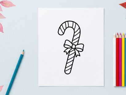 Christmas candy cane line art illustration with a decorative bow for holiday design