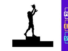 A triumphant athlete celebrating victory with a trophy on a podium
