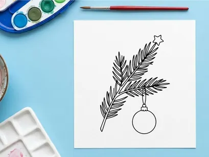 Christmas tree branch with hanging bauble ornament and star line art drawing