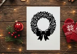 Black Christmas wreath icon with bow, festive holiday vector illustration on white background
