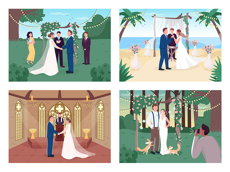 Religious and civil wedding ceremony flat color vector illustration set