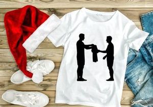 Two men exchanging a jacket in a simple black silhouette illustration