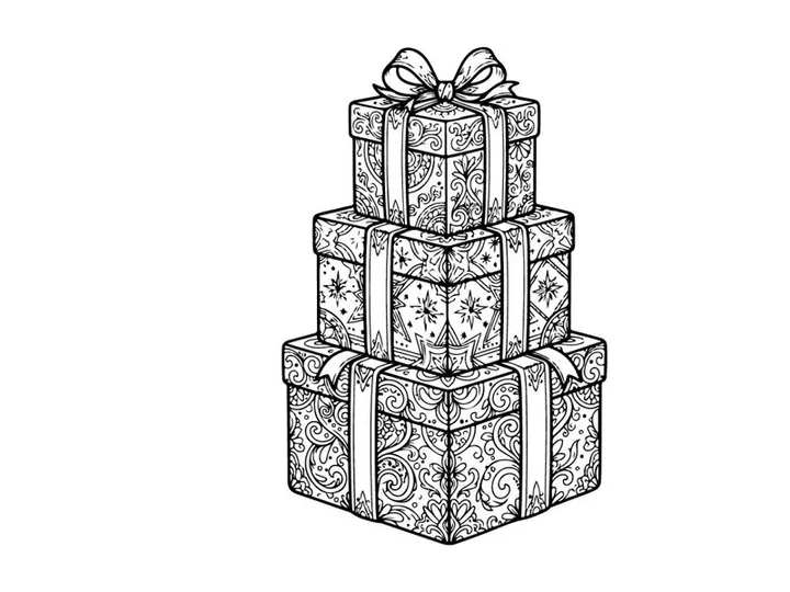 Hand drawn stack of Christmas gift boxes with ribbons and decorative floral patterns.