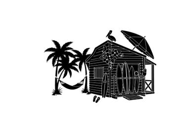 Beach hut silhouette with palm trees and tropical ambiance preview picture