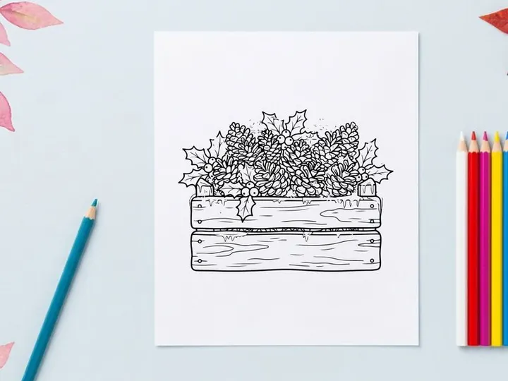 Hand-drawn Christmas floral arrangement in rectangular planter for festive home decor
