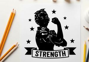 Silhouette of a strong woman flexing her muscle with stars and strength banner