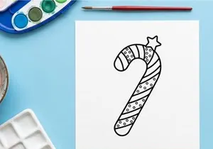 Christmas candy cane line art illustration with a star for holiday coloring book page