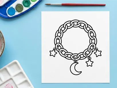 Chain bracelet with moon and stars. Celestial charm jewelry icon for coloring page.