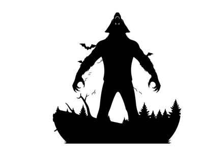 Silhouette of a werewolf in a forest at night