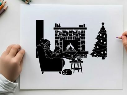 Cozy silhouette of man reading by christmas fireplace