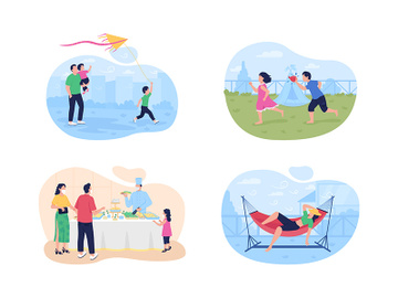 Summertime vacation with family 2D vector web banner, poster set preview picture