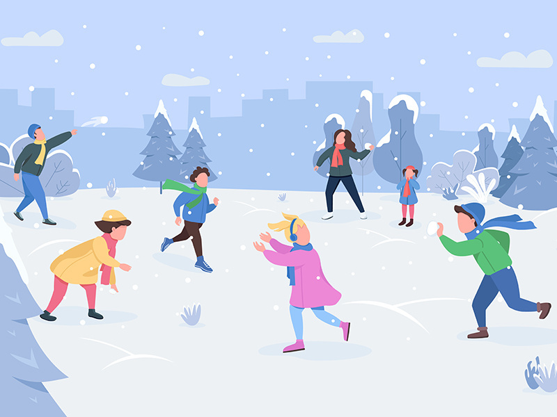 Snowball fight semi flat vector illustration
