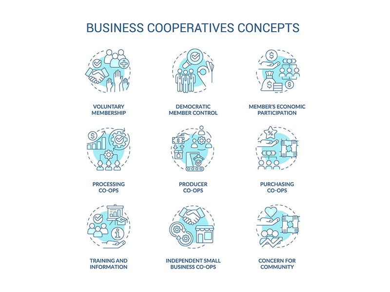 Business cooperatives turquoise concept icons set