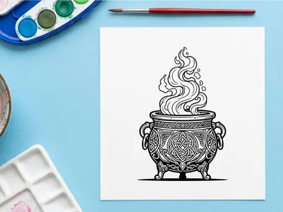 Witch cauldron with magical smoke. Celtic pot illustration for fantasy potion brewing.