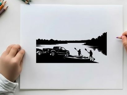 Silhouette of people launching kayaks from a truck by a serene lake