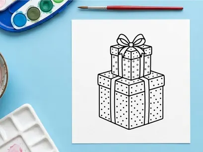 Christmas gift boxes with ribbons, black and white line art drawing for coloring page.