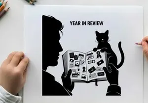 Silhouette of a person and cat reading a year in review calendar