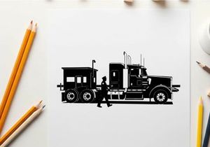 Silhouette of a man walking beside a large truck with trailer