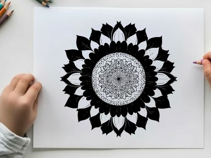 Intricate black and white silhouette mandala design art