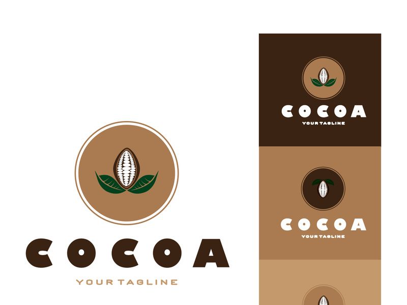 cocoa logo,cocoa bean,cocoa tree,cocoa branches and leaves,chocolate mix on white background,vintage,modern,simple,minimalist icon illustration template design vector