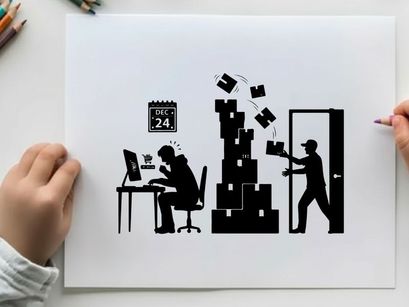 Silhouette of office worker amidst chaotic moving boxes and computer work