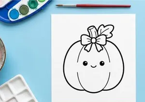 Cute smiling pumpkin with a bow for Halloween celebration. Friendly autumn squash character with floral ribbon decoration for festive fall designs.